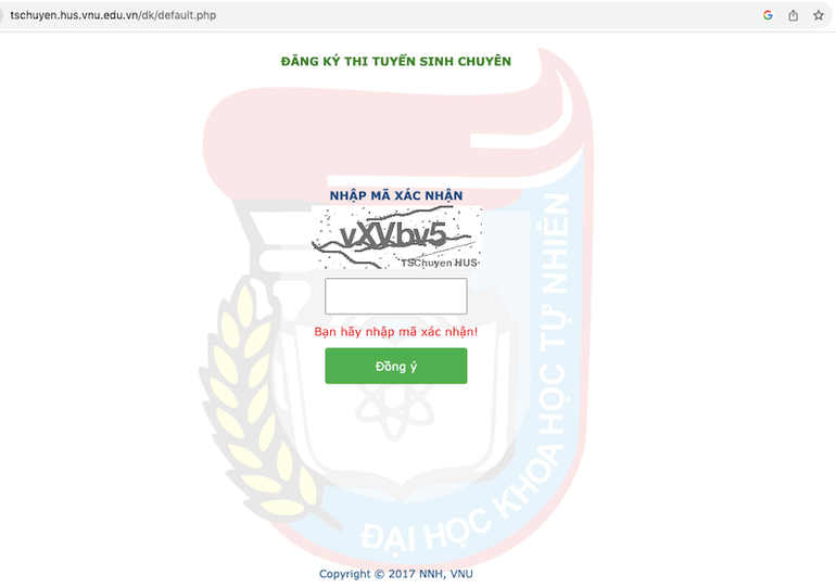 Giao diện đăng ký tuyển sinh trực tuyến Trường THPT chuyên Khoa học Tự nhiên.