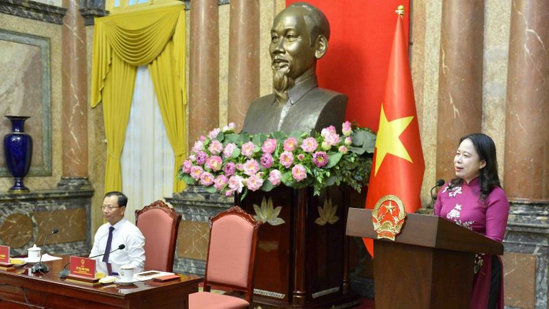 Phó Chủ tịch nước Võ Thị Ánh Xuân phát biểu ý kiến tại buổi gặp mặt.