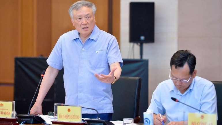 Chánh án Tòa án nhân dân tối cao Nguyễn Hòa Bình phát biểu.