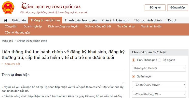 Liên thông đăng ký khai sinh, đăng ký thường trú, cấp thẻ bảo hiểm y tế cho trẻ em dưới 6 tuổi trên Cổng Dịch vụ công quốc gia.