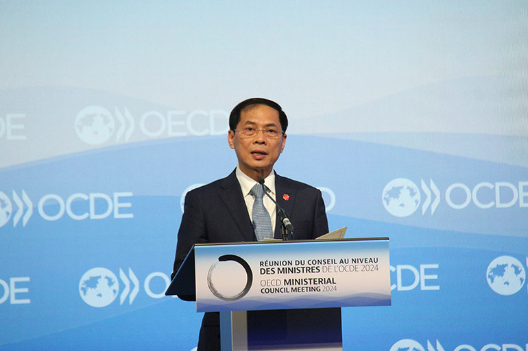 Bộ trưởng Ngoại giao Bùi Thanh Sơn tham dự Hội nghị với tư cách Đồng Chủ tịch Chương trình Đông Nam Á của OECD (SEARP) nhiệm kỳ 2022-2025. Ảnh: KHẢI HOÀN