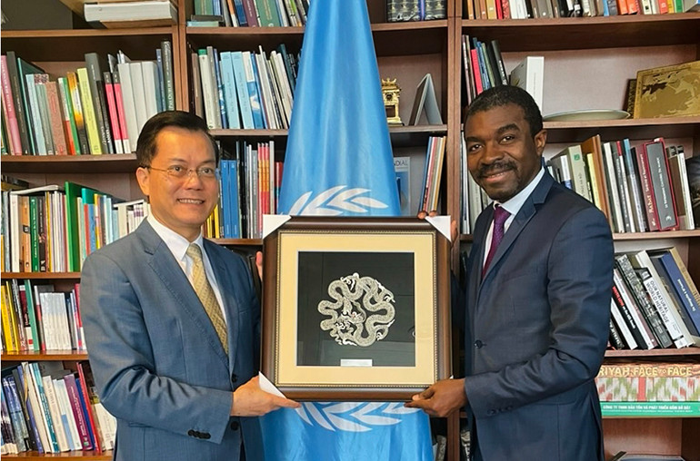 Thứ trưởng Hà Kim Ngọc, Chủ tịch Ủy ban quốc gia UNESCO Việt Nam làm việc với Giám đốc Trung tâm Di sản thế giới Lazare Assomo.