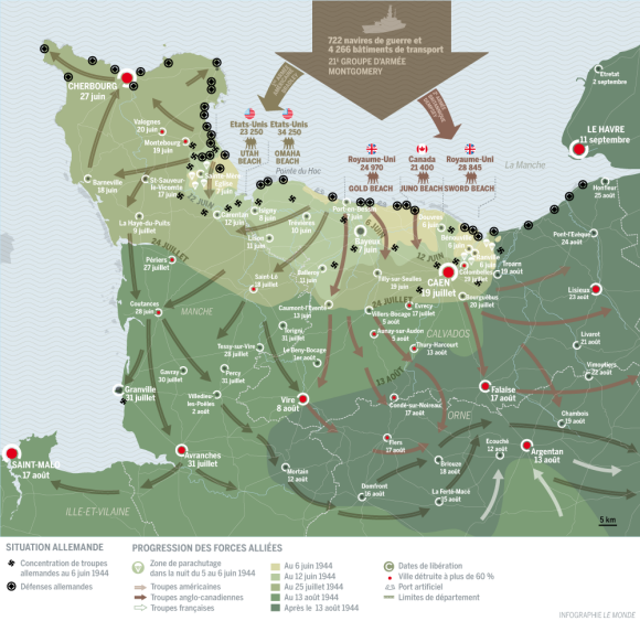 Sơ đồ diễn ra cuộc đổ bộ vào sáng 6/6/1944 với sự tham gia của 722 tàu chiến và 4.266 tàu đổ bộ của phe đồng minh. (Nguồn: Le Monde).
