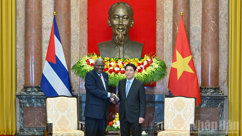 Chủ tịch nước Lương Cường tiếp Chủ tịch Quốc hội Cuba Esteban Lazo Hernandez tại buổi tiếp.