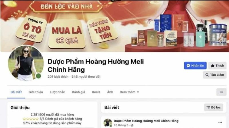 Fanpage “Dược phẩm Hoàng Hường Meli chính hãng” bị Bộ Y tế đề nghị xử lý vi phạm. (Ảnh chụp màn hình)