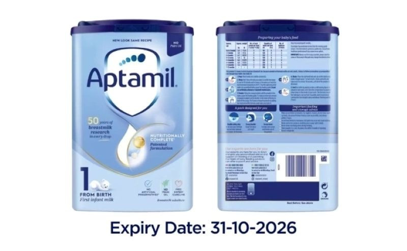 Danone Anh thông báo thu hồi sản phẩm sữa Aptamil First Infant Formula 800g trên website hôm 24/1. (Ảnh: Aptamil)