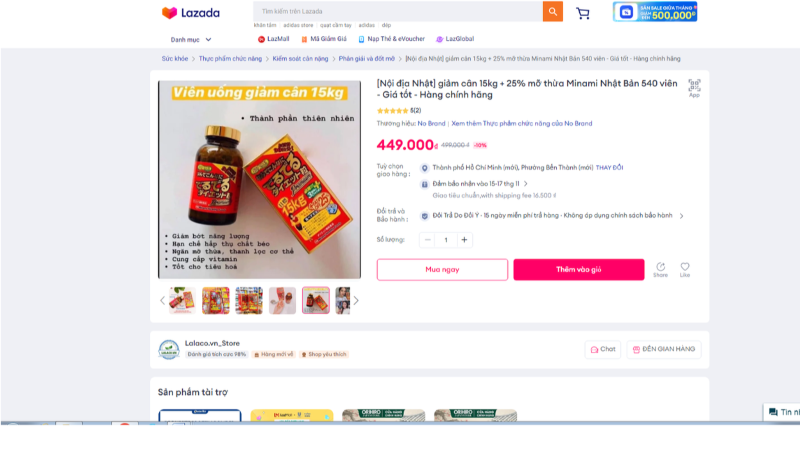 Hình ảnh quảng cáo sản phẩm viên uống giảm cân 15kg trên Lazada. (Ảnh: VFA)