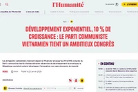 Báo Nhân đạo nhấn mạnh mục tiêu đề ra từ Đại hội XIV của Đảng Cộng sản Việt Nam, đạt tốc độ tăng trưởng GDP bình quân từ 10%/năm trở lên.