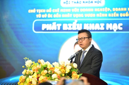 Đồng chí Lê Quốc Minh, Ủy viên Trung ương Đảng, Tổng Biên tập Báo Nhân Dân, Phó Trưởng ban Tuyên giáo và Dân vận Trung ương, Chủ tịch Hội Nhà báo Việt Nam phát biểu tại hội thảo.