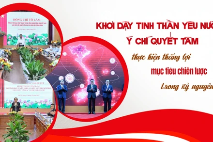 Thường trực Ban Bí thư Trần Cẩm Tú, Trưởng ban Tuyên giáo và Dân vận Trịnh Văn Quyết và các đại biểu thực hiện nghi thức ra mắt App TGDV trên điện thoại di động. (Ảnh: DUY LINH)