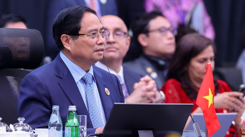 Thủ tướng Chính phủ Phạm Minh Chính phát biểu ý kiến tại Phiên toàn thể Hội nghị Cấp cao ASEAN lần thứ 47. (Ảnh: Nhật Bắc/VGP)