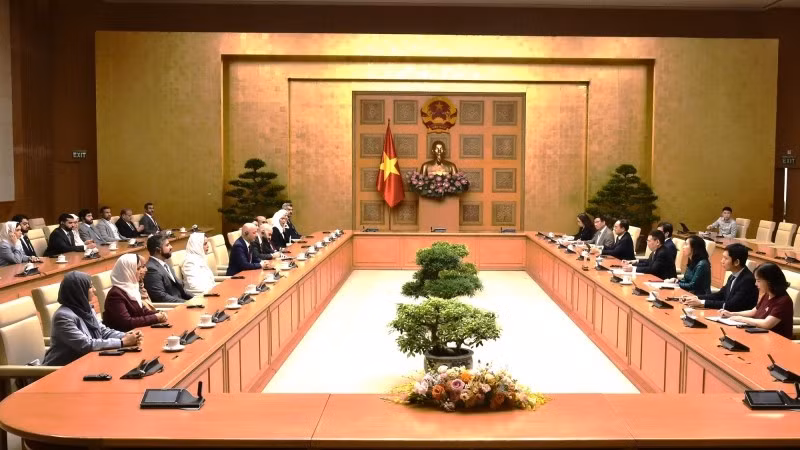 Phó Thủ tướng Chính phủ Hồ Đức Phớc đã tiếp Ngài Khalid Mohammed Sharaf, Giám đốc Chương trình Lãnh đạo trẻ Các Tiểu vương quốc Ả rập Thống nhất (UAE) cùng các thành viên trong Đoàn. (Ảnh: VGP)