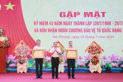 Thừa ủy quyền của Chủ tịch nước, Phó Đô đốc Trần Thanh Nghiêm trao Huân chương Bảo vệ Tổ quốc hạng Nhất tặng Phòng Khí tài Điện tử và Phòng Tiêu chuẩn-Đo lường-Chất lượng.