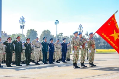 Đại biểu, cán bộ và nhân viên Cục Gìn giữ hòa bình Việt Nam thực hiện nghi thức chào cờ.