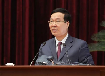 Thường trực Ban Bí thư Võ Văn Thưởng phát biểu tại buổi gặp mặt. (Ảnh: TTXVN)