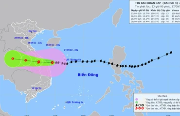 Vị trí và hướng di chuyển của bão số 4. (Nguồn: nchmf.gov.vn)