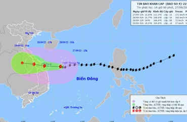 Vị trí và hướng di chuyển của bão số 4. (Nguồn: nchmg.gov.vn)