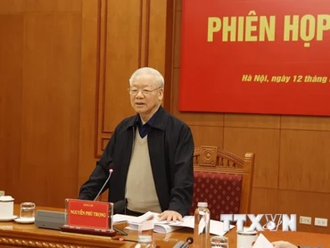 Tổng Bí thư Nguyễn Phú Trọng phát biểu chỉ đạo cuộc họp. (Ảnh: Trí Dũng/TTXVN)