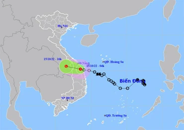 Vị trí và hướng di chuyển của áp thấp nhiệt đới (suy yếu từ bão số 5). (Nguồn: nchmf.gpv.vn)