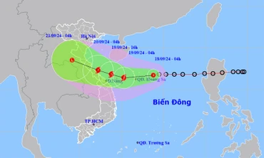 Vị trí và hướng di chuyển của áp thấp nhiệt đới lúc 4 giờ ngày 18/9. (Nguồn: nchmf.gov.vn)