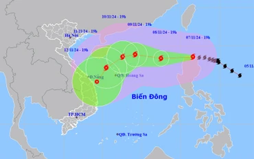 Vị trí và hướng di chuyển của bão Yinxing lúc 19 giờ ngày 7/11. (Nguồn: nchmf.gov.vn)
