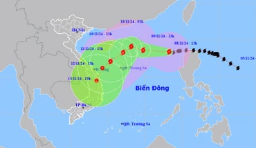 Vị trí và hướng di chuyển của bão số 7 lúc 13 giờ ngày 8/11. (Nguồn: nchmf.gov.vn)