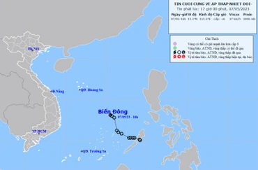 Chiều 7/5, áp thấp nhiệt đới đã suy yếu thành vùng áp thấp và tan dần. (Nguồn: nchmf.gov.vn)