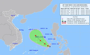 Vị trí và hướng di chuyển của áp thấp nhiệt đới trên Biển Đông. (Nguồn: nchmf.gov.vn)