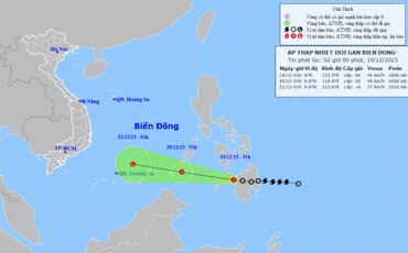 Vị trí và hướng di chuyển của áp thấp nhiệt đới (suy yếu từ bão Jelawat). (Nguồn: nchmf.gov.vn)