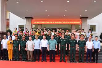 Đồng chí Nguyễn Trọng Nghĩa, Ủy viên Bộ Chính trị, Bí thư Trung ương Đảng, Trưởng ban Tuyên giáo và Dân vận Trung ương chụp ảnh lưu niệm cùng Bộ Tư lệnh Quân Đoàn 34.