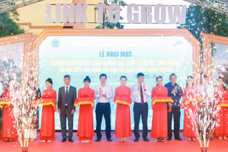 Các đại biểu cắt băng khai mạc hội chợ.