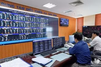 Cán bộ kỹ thuật trực theo dõi tại Trung tâm điều khiển, thuộc Công ty Điện lực Thái Bình.