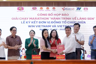 Lễ ký kết đơn vị đồng tổ chức giữa Báo Vietnamnet và Công ty Trách nhiệm hữu hạn Thể thao Win VietNam. (Ảnh: BTC)