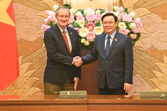 Chủ tịch Quốc hội Vương Đình Huệ và Thượng Nghị sĩ Mike Carpo, Trưởng đoàn Nghị sĩ Quốc hội Hoa Kỳ tại buổi tiếp. (Ảnh: Duy Linh)