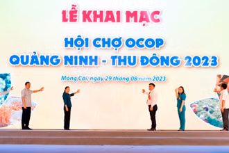 Các đại biểu nhấn nút Khai mạc Hội chợ OCOP Quảng Ninh - Thu Đông 2023.