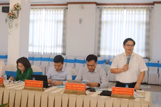 Vụ trưởng Vụ Giáo dục tiểu học, Bộ Giáo dục và Đào tạo Thái Văn Tài phát biểu ý kiến tại buổi làm việc.