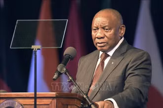 Tổng thống Nam Phi Cyril Ramaphosa phát biểu khai mạc Hội nghị Ngoại trưởng Nhóm Các nền kinh tế phát triển và mới nổi hàng đầu thế giới (G20) diễn ra tại Nam Phi. Ảnh: TTXVN phát