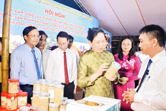 Các đồng chí lãnh đạo tỉnh Hà Nam tham quan các sản phẩm OCOP được trưng bày tại hội chợ trưng bày và giới thiệu sản phẩm OCOP.