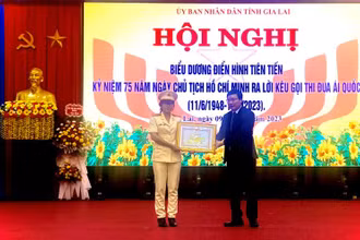 Đại úy Siu H'Ngát được tuyên dương tại hội nghị biểu dương điển hình tiên tiến trong phong trào thi đua.