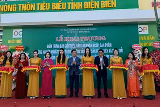 Các đại biểu cắt băng khánh thành Điểm trưng bày giới thiệu, bán sản phẩm OCOP Điện Biên. 