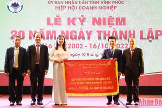 Lãnh đạo tỉnh Vĩnh Phúc tặng bức trướng cho Hiệp hội doanh nghiệp tỉnh. 
