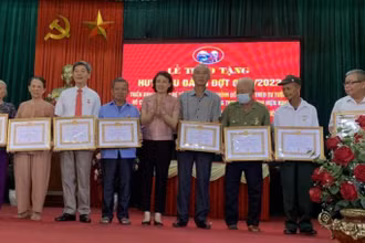 Trao Huy hiệu Đảng cho 13 đảng viên xã Đông Động (huyện Đông Hưng, tỉnh Thái Bình) chiều 29/8.