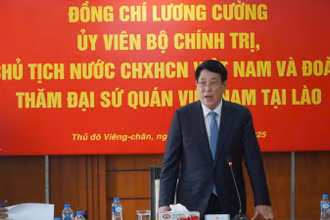 Chủ tịch nước Lương Cường phát biểu tại cuộc gặp với cán bộ, nhân viên Đại sứ quán Việt Nam tại Lào.