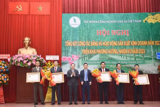 Hội nghị Tổng kết công tác Đảng và hoạt động sản xuất kinh doanh năm 2022, triển khai phương hướng, nhiệm vụ năm 2023 của Tập đoàn Công nghiệp Cao-su Việt Nam. (Ảnh: vnrubbergroup.com)