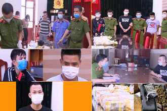 Các bị cáo (đánh dấu X) và hình ảnh công an bắt giữ, đấu tranh với tội phạm ma túy.
