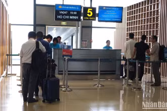 Hành khách làm thủ tục lên máy bay.
