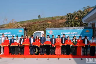 Lễ khởi hành đưa quả dâu tây Sơn La trên các chuyến bay của Vietnam Airlines.