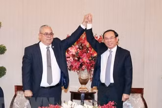 Ông Nguyễn Văn Nên (phải), Ủy viên Bộ Chính trị, Bí thư Thành ủy Thành phố Hồ Chí Minh và ông Luis Antonio Torres Iribar, Ủy viên Trung ương Đảng, Bí thư Thứ nhất Thành ủy La Habana bày tỏ tình đoàn kết. (Ảnh: Xuân Khu/TTXVN)