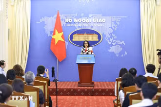 Người phát ngôn Bộ Ngoại giao Phạm Thu Hằng chủ trì họp báo thường kỳ tháng 6/2024. (Ảnh: TTXVN)