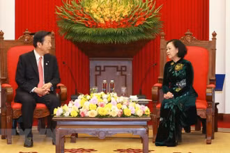 Thường trực Ban Bí thư Trương Thị Mai tiếp Chủ tịch Đảng Công minh Nhật Bản Yamaguchi Natsuo. (Ảnh: Phương Hoa/TTXVN)
